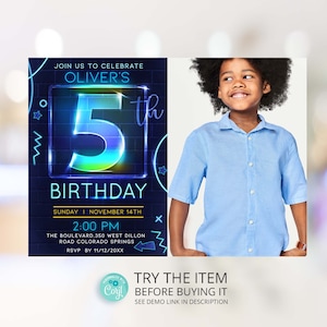 Neon Birthday Invitation Template With Photo Boy 5th Birthday Neon Glow Party Invite Digital Template NPP5