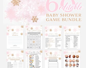 May include: A baby shower game bundle with a pink and gold snowflake theme. The bundle includes six editable games, with text such as "Advice for the parents to be" and "Baby Shower Game Bundle". The background is a soft pink watercolor.