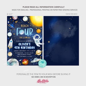 Peut inclure: Une invitation d'anniversaire sur le th&egrave;me de l'espace bleu et noir pour un 4&egrave;me anniversaire. L'invitation repr&eacute;sente un astronaute de dessin anim&eacute;, des plan&egrave;tes, des &eacute;toiles et une fus&eacute;e. Le texte sur l'invitation est "Reach Four The Stars!" et "Oliver's 4th Birthday".