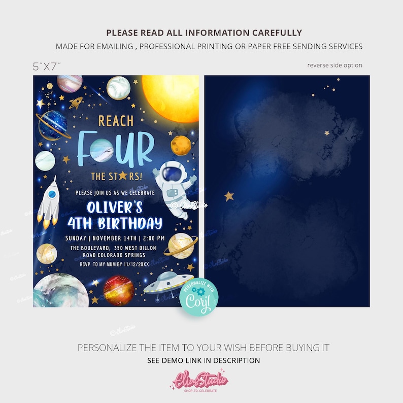 Peut inclure: Une invitation d'anniversaire sur le th&egrave;me de l'espace bleu et noir pour un 4&egrave;me anniversaire. L'invitation repr&eacute;sente un astronaute de dessin anim&eacute;, des plan&egrave;tes, des &eacute;toiles et une fus&eacute;e. Le texte sur l'invitation est "Reach Four The Stars!" et "Oliver's 4th Birthday".