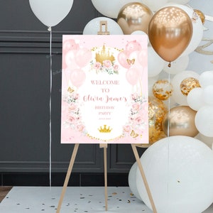Letrero de bienvenida para fiesta de cumpleaños de princesita, póster de bienvenida editable para cumpleañera, castillo de oro rosa y globos, decoración para fiesta de cumpleaños PR45