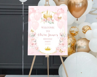 Petite princesse Birthday Party Welcome Sign, Editable Birthday Girl Welcome Poster, Rose Gold Castle et Balloons Party Decor Birthday PR45