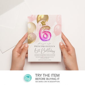 Editable Princess Birthday Party Invitations Girl Invitation Template | Little Princess 6th Birthday Party Invitation, Pink Princess /973