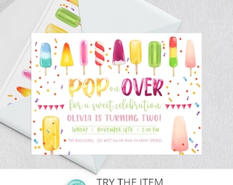 Editable Popsicle Birthday Invitation Template | Pop on Over Birthday Invitation, Popsicle Invitation, Summer Birthday Invitation  /868