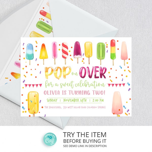 Editable Popsicle Birthday Invitation Template | Pop on Over Birthday Invitation, Popsicle Invitation, Summer Birthday Invitation  /868