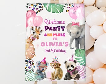 May include: Welcome Party Animals to Olivia's 3rd Birthday sign with a pink, purple, and green color scheme. The sign features a giraffe, elephant, koala, monkey, and panda bear.