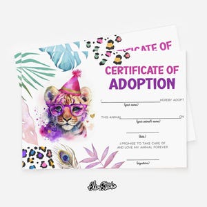 May include: A printable certificate of adoption with a watercolor illustration of a pink and purple lion cub wearing a party hat and glasses. The text reads "Certificate of Adoption" and includes spaces to fill in the adopter's name, the animal's name, the date, and a signature.