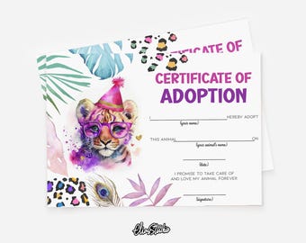 PARTY ANIMALS Certificate Adoption Digital Template, Safari Animals, Tiger Birthday Jungle Adoption Certificate PA141