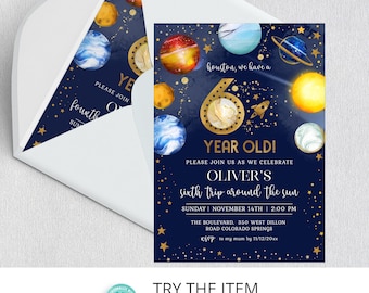 May include: A blue and gold space-themed birthday invitation featuring planets, stars, and a rocket ship. The invitation reads "Houston, we have a 6 year old!" and invites guests to celebrate Oliver's sixth trip around the sun on 14th November at 2:00 PM. The invitation includes the address and RSVP details.