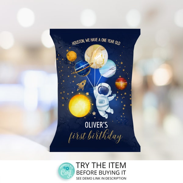 Outer Space Chip Bag Template Instant Download with Nutritional Label •Trip Around the Sun Birthday Chip Bag Galaxy Party Boy Favors SP414