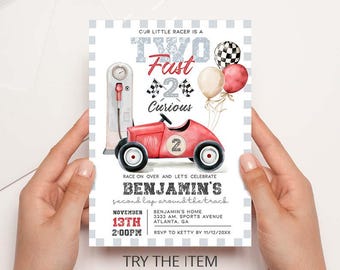 Two Fast Birthday Invite, Two Fast Two Curious, Race Car 2nd Birthday Invitation Template, Vintage car Corjl CA123a