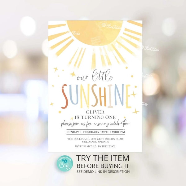 Editable Sunshine Birthday Invitation Template, Our Little Sunshine Boy Birthday Invite You are My Sunshine Corjl  S50