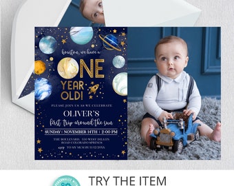 Editable Space Birthday Invitation First Trip Around The Sun | Space Birthday Party Invitation | Galaxy First Birthday Invite SP334