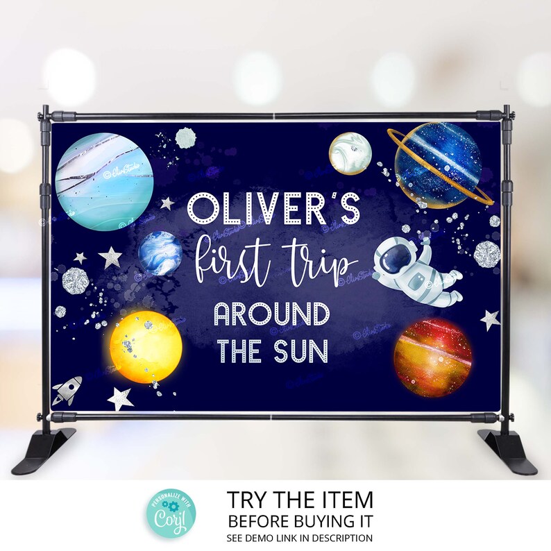 Editable Outer Space Backdrop Banner Silver Collection Personalized Birthday Banner First Trip Around the Sun Galaxy Birthday