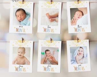 May include: Six 5x7 inch printable cards with a yellow sun and stars design. Each card has a space for a photo and the text "one month", "two months", "three months", "four months", "five months", and "six months".