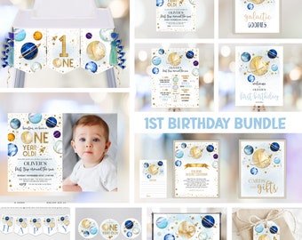 May include: A set of printable party decorations for a first birthday with a space theme. The decorations include a banner, invitations, a welcome sign, a sign for cards and gifts, a thank you tag, and cupcake toppers. The decorations feature planets, stars, and rockets in shades of blue, gold, and white.