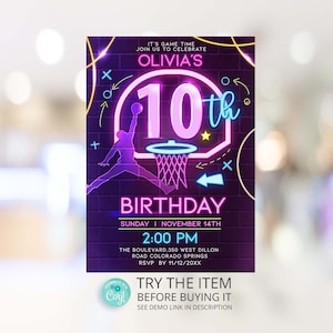 Neon Basketball Invitation Basketball Invite Basketball Party Basketball Girl 10th Birthday Sport Invitation BG10