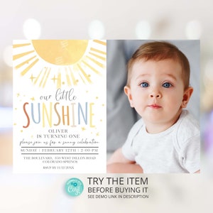 Editable Sunshine Birthday Invitation Template, Our Little Sunshine Boy Birthday Invite You are My Sunshine Corjl  S72