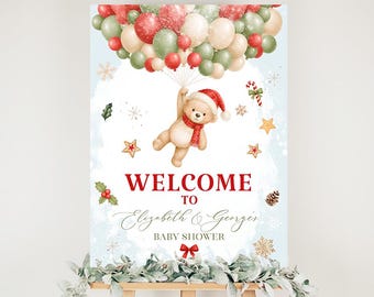 Santa Baby Shower Decorations: Balloon and Teddy Bear Baby Shower Welcome Sign. Winter Baby Shower Decor . Christmas Baby shower bw8