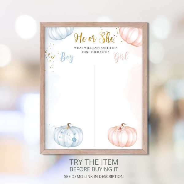 Gender Reveal Cast Your Vote, Rose Gold and Blue Gender Reveal Theme with Pumpkins, Pumpkin Gender Reveal Decorations Game P178