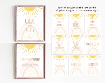 May include: A set of printable baby shower signs with a watercolor rainbow and sun design. The signs include text such as "Cards and Gifts", "Babies are Sweet", "Books for Baby", "Diaper Raffle", "Don't Say Baby", "Pacifier Hunt", "Hot Cocoa Bar", "Late Night Diapers", "Guest Book", "Dessert Bar", and "Thank You".