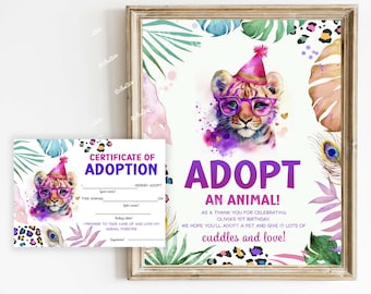 Adopt an Animal Sign and Adoption Certificate Tiger birthday, Adopt a Party Animal Birthday Decorations, Safari Birthday TEMPLATE/ P140