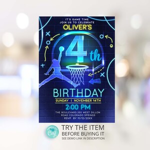 May include: A neon blue and yellow basketball themed birthday invitation for a 4th birthday party. The invitation features a basketball hoop with a player dunking a basketball. The text reads "It's game time, join us to celebrate Oliver's 4th Birthday, Sunday, November 14th, 2:00 PM, The Boulevard 350 West Dillon Road Colorado Springs, RSVP by 11/12/20XX, Try the item before buying it, see demo link in description."