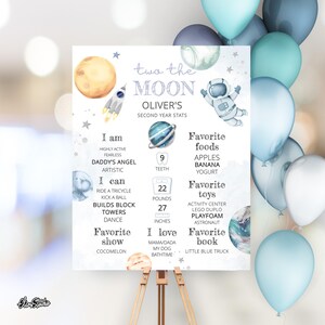May include: A blue and white illustrated poster with a space theme. The poster features a rocket, planets, stars, and an astronaut. The text on the poster reads "Two the Moon Oliver's Second Year Stats". The poster also includes information about the child's age, height, weight, favourite foods, toys, show, and book.