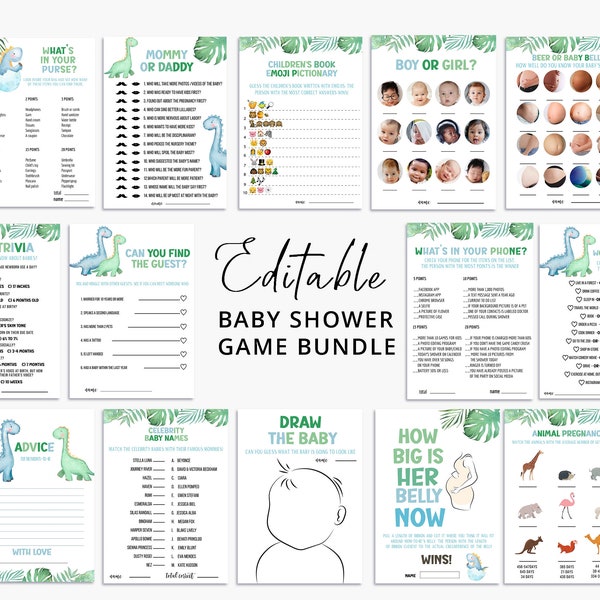 Editable Dinosaur Baby Shower Game Bundle Printable •Greenery Boho Dinosaur Couples Baby Shower Game Template Digital DB17