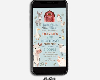 Farm Animals Birthday Invitation, Digital Invite, Oink Cluck Baa Moo Invitation, 2nd Birthday Boy Theme, Farm Birthday Party Invite FA45