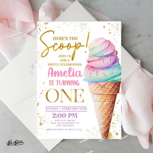 Here&#39;s The Scoop 1st Birthday Girl Invitation Editable All Ages Ice Cream Birthday Party Invite Template Ice Cream Party Invitation ICE4
