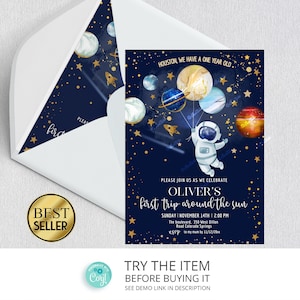 Editable Space Birthday Invitation First Trip Around The Sun | Space Birthday Party Invitation | Galaxy First Birthday Invite SP18