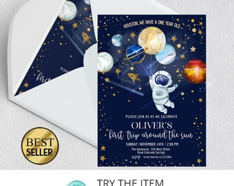 Editable Space Birthday Invitation First Trip Around The Sun | Space Birthday Party Invitation | Galaxy First Birthday Invite SP18