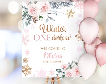 Winter Onederland Welcome Sign, Onederland Birthday Decoration, Rose Gold Snowflake, Winter Birthday, 1st Birthday Girl, First Birthday W262