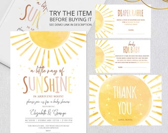 Sonnenschein-Babyparty-Einladungs-Set ein kleiner Sonnenstrahl-Babyparty-Einladungs-Vorlagen-Set Digital Printable Corjl S10
