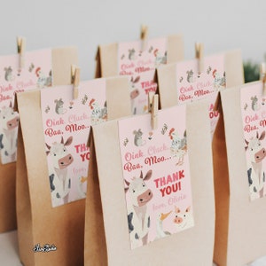 Anniversaire des animaux de la ferme, modèle d&#39;étiquettes de remerciement, Oink Baa Moo, j&#39;ai deux ans, 2e anniversaire de fille à thème, étiquettes pour cadeaux d&#39;anniversaire à la ferme Merci FA24