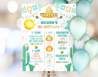 Pode incluir: Um letreiro colorido de aniversário para o primeiro aniversário de Oliver, com um chapéu mexicano, maracas e ilustrações de cactos. O letreiro inclui detalhes sobre os gostos de Oliver, seu peso (9 kg), sua altura (56 cm) e seus alimentos e brinquedos favoritos. Balões em tons de azul e verde no fundo.
