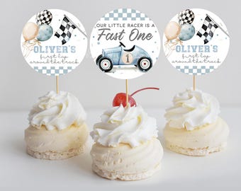 Fast One Feestvarken, racewagen verjaardagsdecoratie cupcaketoppers, raceauto cupcaketoppers, vintage auto verjaardagsversieringen CA90