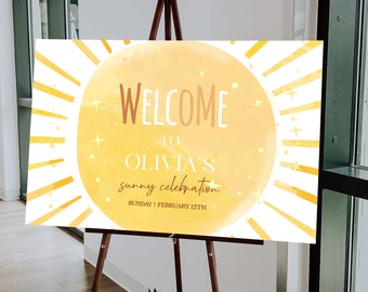 Sunshine Baby Shower Willkommensschild Vorlage, ein kleiner Sonnenstrahl Bearbeitbares Willkommensschild, Boho Sunshine Baby Shower Decor Corjl S75