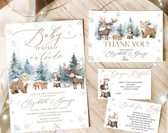 May include: A set of baby shower invitations and inserts with a winter forest theme. The main invitation reads "Baby, it's cold outside" with illustrations of woodland animals. Additional cards include "Thank You" and "Diaper Raffle".