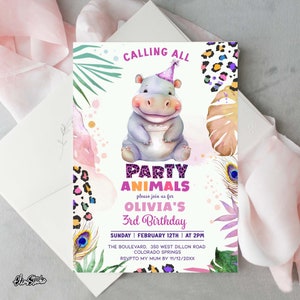 Calling all Party Animals Hippo Birthday Invitation Wild Animals Jungle Birthday Safari Animals Birthday Girl Invite Printable Template PA73