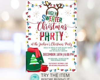 Editable Ugly Sweater Invitation, Ugly Sweater Christmas Party Invite Template Corjl W1