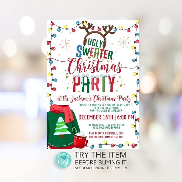 Bearbeitbare Ugly Sweater Einladung, Ugly Sweater Christmas Party Invite Template Corjl W1