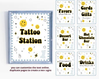 May include: Eight printable signs with a yellow smiley face and black text on a white background with a blue and white checkered border. The signs say "Favors", "Cards and Gifts", "Tattoo Station", "Dessert Bar", "Hot Chocolate Bar", "Food", and "Drinks".