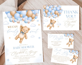 We Can Bearly Wait Baby Shower Invitation Set: Boho Bear Invite , Balloon Bear Shower / BW4
