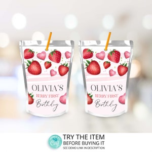 Strawberry Birthday Juice Box Label • Berry Sweet First Birthday Juice Pouch Label Template Strawberry Decorations /538