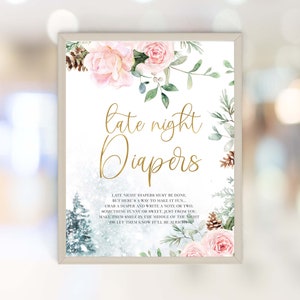 Late Night Diapers Woodland Sign, Baby it&#39;s Cold Outside Baby Shower Table Sign Winter Baby Shower decoration W203