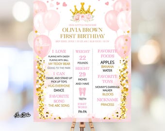 Bewerkbaar bord met mijlpalen verjaardag kleine prinses | Roze en gouden prinsesversieringen verjaardag |  Verjaardagsbord prinses /PR93