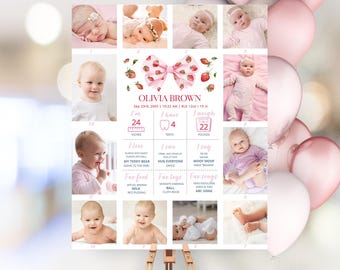 Letrero de hito de primer cumpleaños con fresas, letrero de hito de primer cumpleaños con bayas, decoración de primer cumpleaños de niña con lazo, tablero de hitos, Sb27