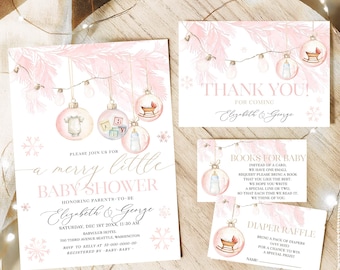 May include: Baby shower stationery set in pink and white. The invitation features the text "a merry little baby shower" and the names "Elizabeth & George". Cards include "Thank You", "Books for Baby", and "Diaper Raffle".